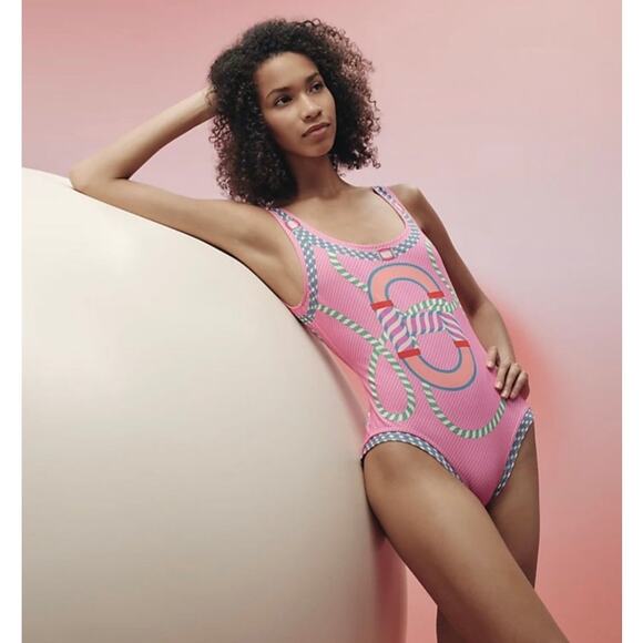 Hermes Alex Canoe-Print Jersey Swimsuit in Rose Pop - Picture 1 of 16